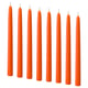 Eight tall orange candles in a line. Stearin material, unlit with cotton wicks.