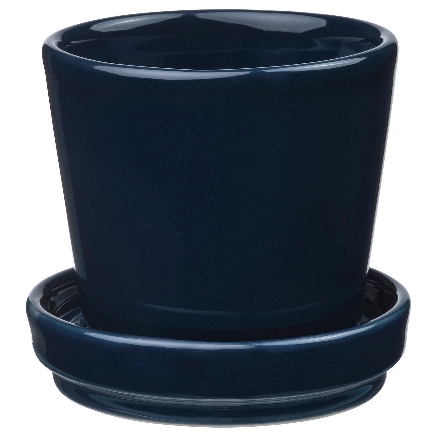 A dark blue KLOTLÖNN planter with a matching saucer. Its cylindrical with a smooth finish and simple design, perfect for both indoor and outdoor use.