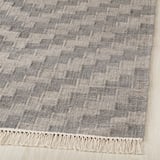 High-quality, handwoven rug on wood floor. Intricate gray patterns, durable wool, cream fringes.
