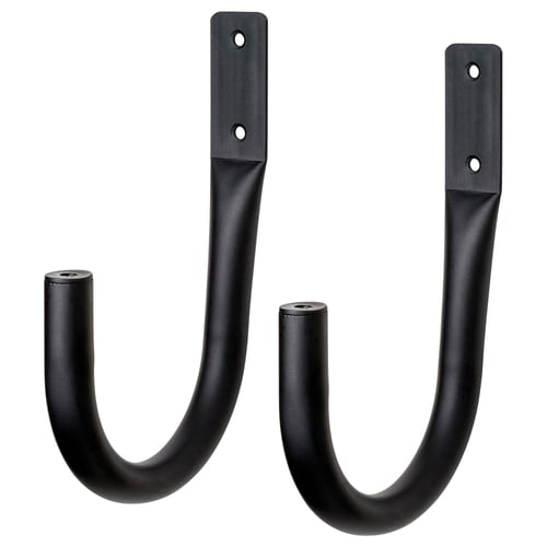 Two black KNÖLFLY wall hooks, matte finish, curved design.