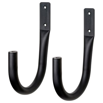 Two black KNÖLFLY wall hooks, matte finish, curved design.