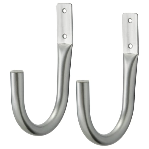 Two silver, metal KNÖLFLY wall hooks: sleek, curved design. Ideal for hanging items.