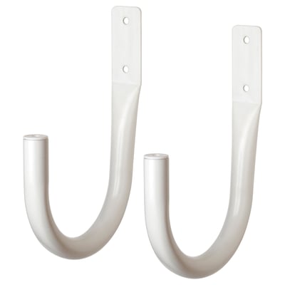 Two white plastic hooks, u-shaped with flat backs for mounting, on white background.
