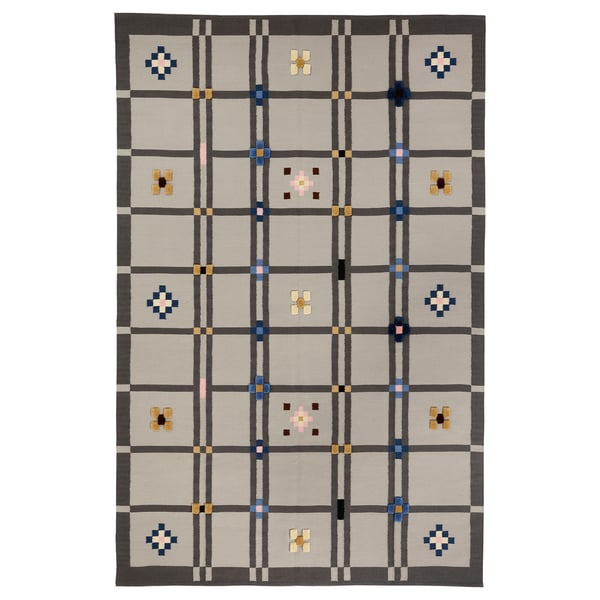 KNYLHAVREN rug: grey, wool, grid pattern, handwoven, modern with traditional accents.