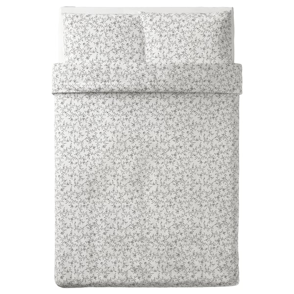 KOPPARRANKA bed sheet set, off-white with floral print, cotton-viscose blend, rectangular with tucked design.
