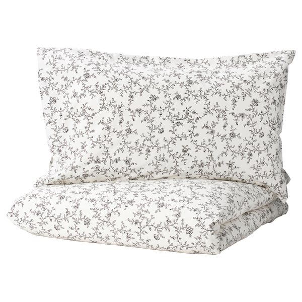 KOPPARRANKA bed sheet set, white with black floral design, soft cotton blend, rectangular shape, delicate pattern.