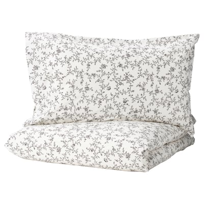 KOPPARRANKA bedding set, white with black floral, soft cotton & viscose, rectangular, delicate pattern.