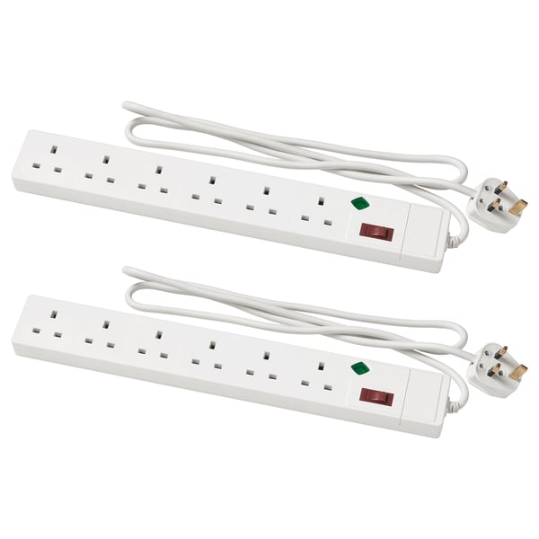 Two white KOPPLA power strips, each with six sockets and an on/off switch, placed side by side on a white background.