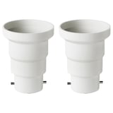 Two white plastic KOPPLA adapters convert b22 to e27 sockets, cylindrical with smooth design.