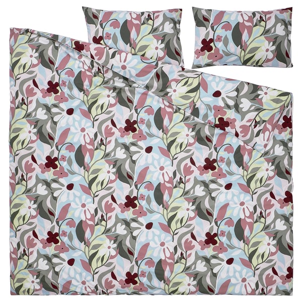 KORSKOVALL bedding set: blue, pink flowers on white, cotton-viscose, rectangular with envelope pillows.
