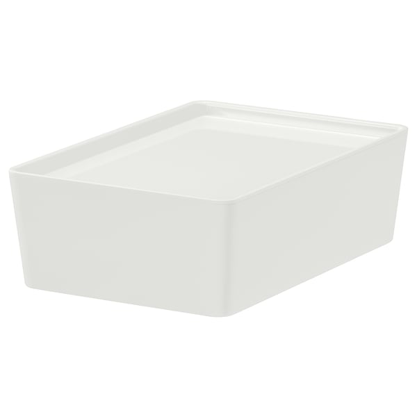 KUGGIS white plastic storage box for desk accessories or media gadgets, stackable, fits billy bookcase.