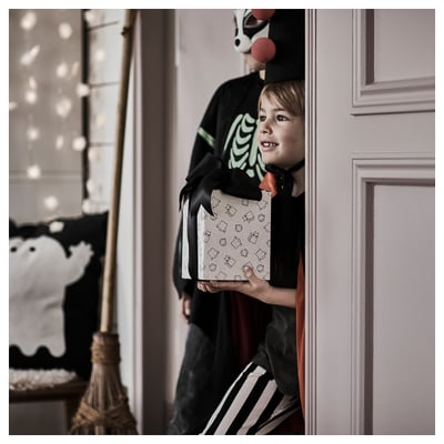 Child in halloween costume with gift, cat-shaped glass dome, broomstick.