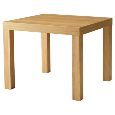 IKEA LACK square light oak table; simple design, four legs, wooden surface.