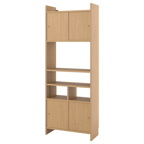 Light wood LÅDMAKARE storage unit. Tall, rectangular, open bottom shelves, top cabinet. Modern, minimalist design.
