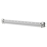 Silver metal rail with hooks for mounting, part of ikeas LÄTTHET exterior storage solution.