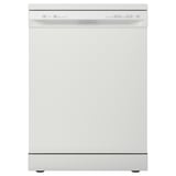 White freestanding dishwasher with control panel on top, sleek modern design.