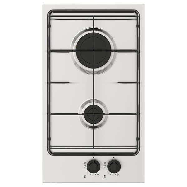 A white built-in gas hob with two burners and two control knobs, designed for space-saving and easy cleaning.
