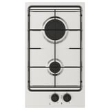 A white built-in gas hob with two burners and two control knobs, designed for space-saving and easy cleaning.