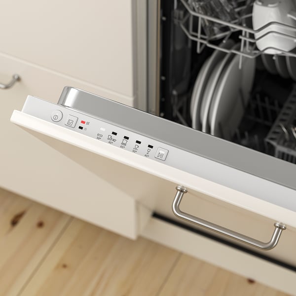 Built-in dishwasher with control panel displaying settings, including power button, and cycle options like eco and rapid wash.