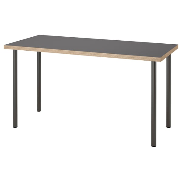 LAGKAPTEN desk, grey top, black legs, rectangular, minimalist design.