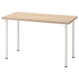 An IKEA LAGKAPTEN desk with light wood top and white metal legs. Its rectangular, modern, and minimalist, ready for easy assembly.