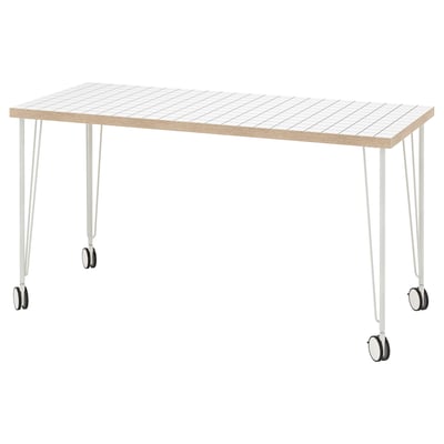 LAGKAPTEN desk: modern white with light wood top, four legs, casters. Simple, functional design.