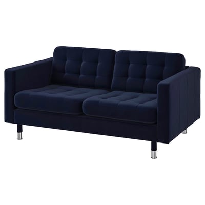 Dark blue modern fabric sofa, tufted design with chrome legs.