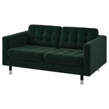 Modern green velvet sofa, chrome legs, tufted back & seat, cozy & stylish.