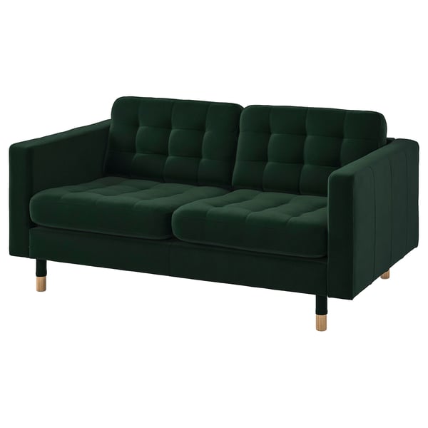 Dark green fabric 2-seater sofa, tufted back & seat, wooden legs.