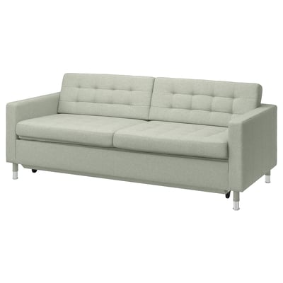A modern light gray LANDSKRONA sofa-bed with chrome legs, featuring a tufted backrest and a clean, sleek design.