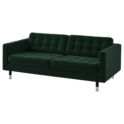 Dark green, modern velvet sofa with tufted cushions and chrome legs.