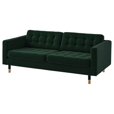 Green velvet 3-seat sofa, tufted cushions, wooden legs.