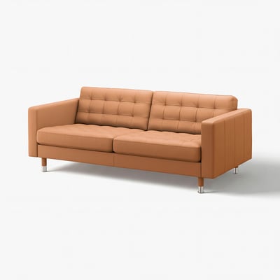 Brown leather sofa, tufted back, chrome legs, modern design.