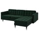 Option: Dark green l-shaped sofa with tufted cushions and chrome legs for modern living room.