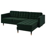 Dark green tufted sofa with chaise, modern style, plush velvet upholstery, wooden legs, l-shape.