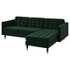 Option: Dark green tufted sofa with chaise, modern style, plush velvet upholstery, wooden legs, l-shape.