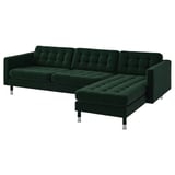 The LANDSKRONA green velvet l-shaped sofa. Modern design, tufted seat and back cushions, chrome legs, 3-seat section, and removable armrests.