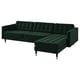 The LANDSKRONA green velvet l-shaped sofa. Modern design, tufted seat and back cushions, chrome legs, 3-seat section, and removable armrests.