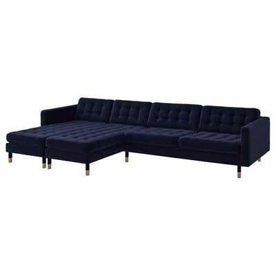 Modern navy blue l-shaped sofa with tufted back and seat, wooden legs, and a cozy classic design.