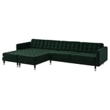 Dark green, l-shaped section sofa, velvet fabric, chrome legs, tufted cushions.