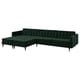 Dark green, l-shaped section sofa, velvet fabric, chrome legs, tufted cushions.