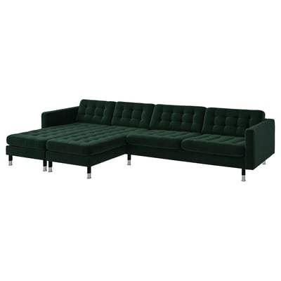 Dark green, l-shaped section sofa, velvet fabric, chrome legs, tufted cushions.