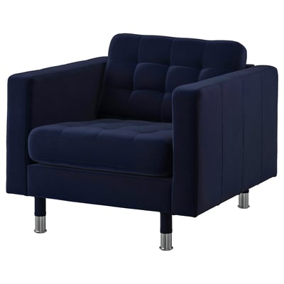 Deep blue, modern armchair with tufted seat and back, steel legs.