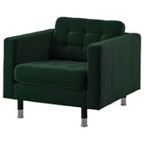 Image depicts a green LANDSKRONA armchair with tufted seat, boxy design, steel legs.