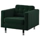 Option: Image depicts a green LANDSKRONA armchair with tufted seat, boxy design, steel legs.