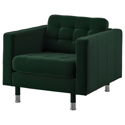 Image depicts a green LANDSKRONA armchair with tufted seat, boxy design, steel legs.