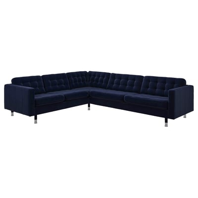Modern navy-blue l-shaped sectional sofa with tufted design and chrome legs.