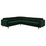 Image shows green l-shaped LANDSKRONA sofa with chrome legs, featuring tufted cushion design.