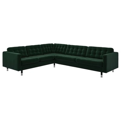 Image shows green l-shaped LANDSKRONA sofa with chrome legs, featuring tufted cushion design.