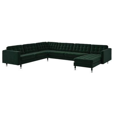 Dark green corner sofa, velvet, tufted cushions, chrome legs.